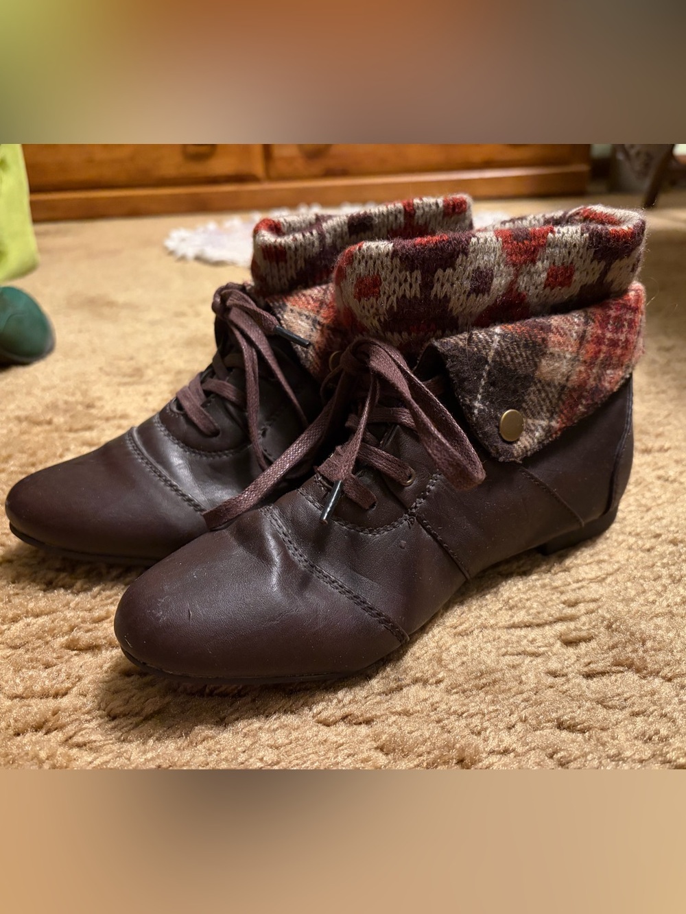 BAMBOO Brown Lace-Up Fold-Over Ankle Boots with Patterned Knit Cuff